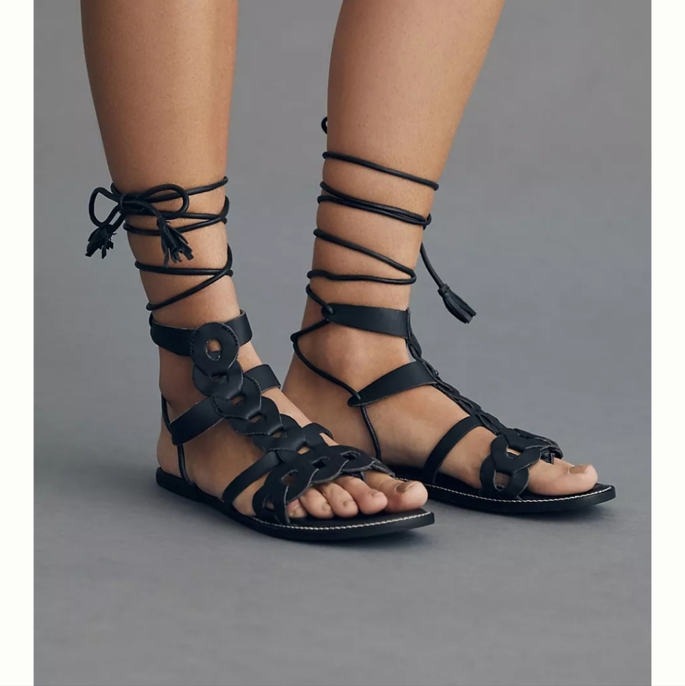 NWOT Pilcro Anthropologie Gladiator Black Leather Tie Up Sandals Sz 6